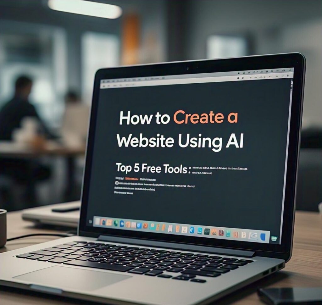 Open laptop displaying 'How to Create a Website Using AI' with a professional dark background, showcasing top 5 free tools for website development