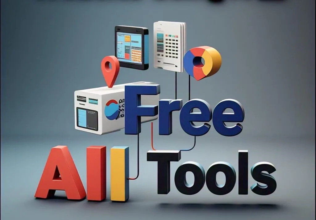 A 3D digital graphic featuring the words "Free All Tools" in bold letters, with technology-related icons such as a location pin, a QR code scanner, and digital screens connected through lines, symbolizing online tools and free digital resources.