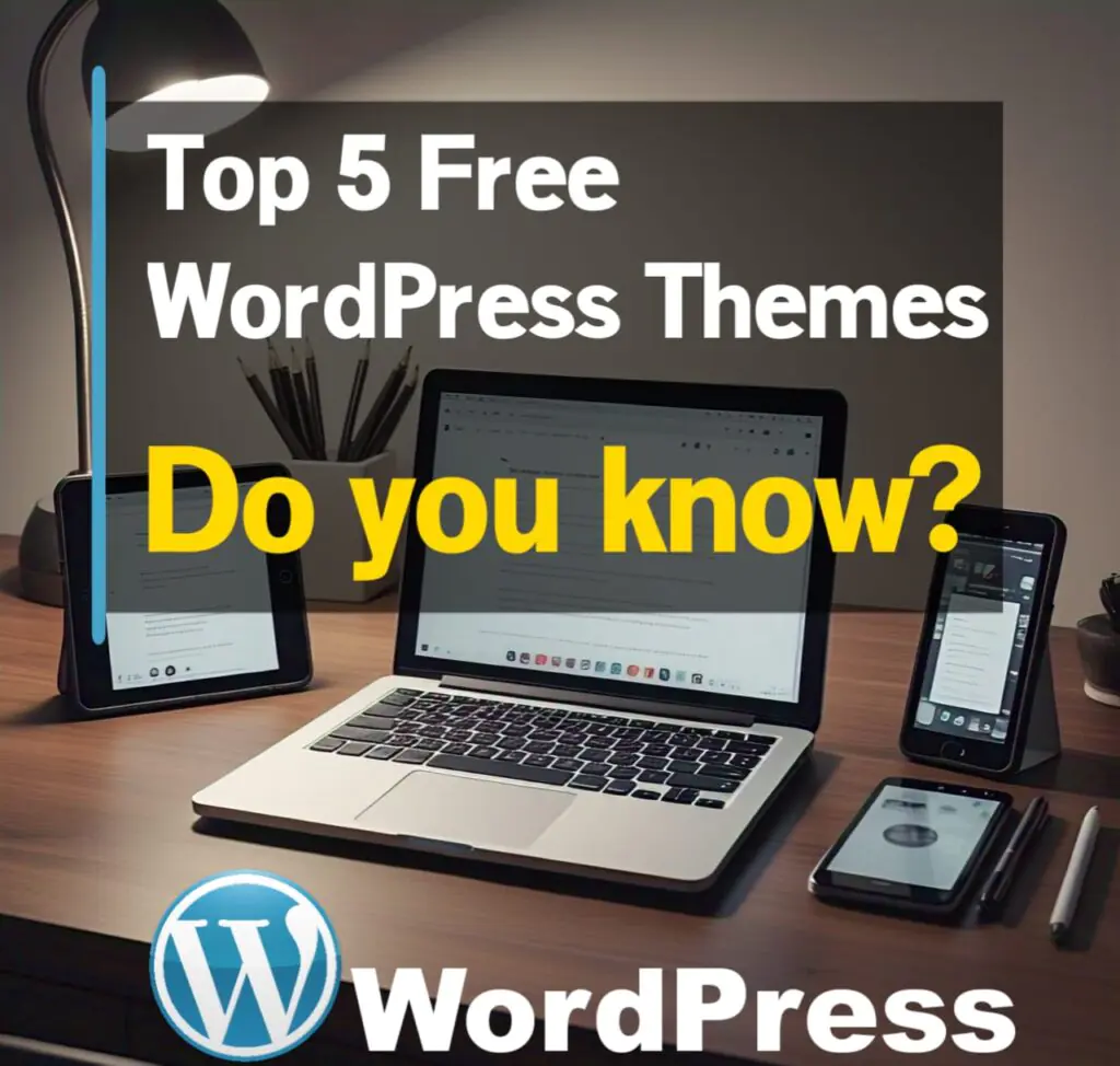 Top 5 Free WordPress Themes - Laptop, tablet, and smartphone on a wooden desk with WordPress branding.