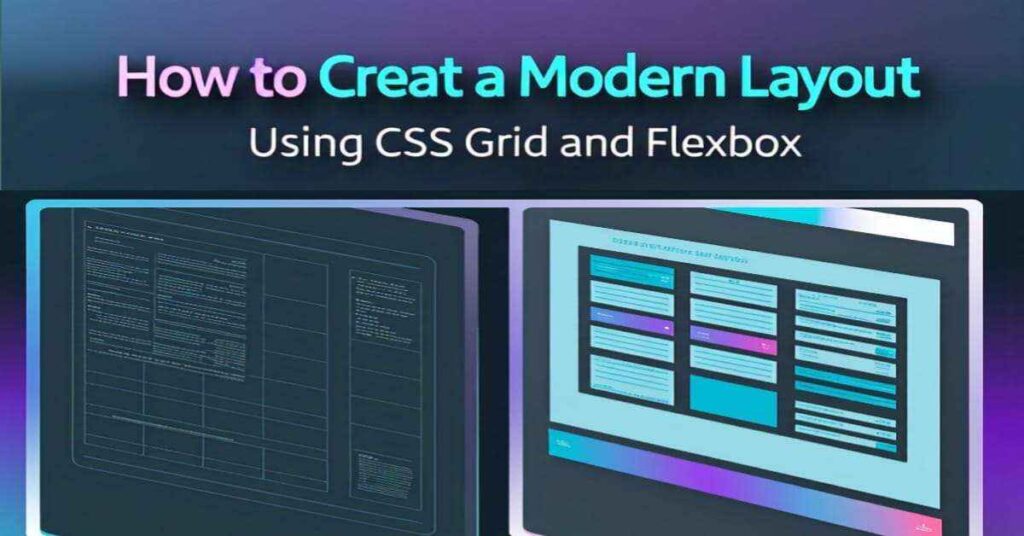 Illustration showing how to create a modern website layout using CSS Grid and Flexbox, featuring a sleek UI design with structured elements.