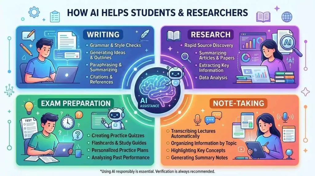 AI helping with writing, research, exams, and note-taking